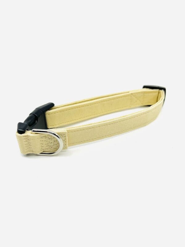 A yellow dog collar with black buckle on top of it.