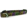 A purple and green dog collar with a metal buckle.