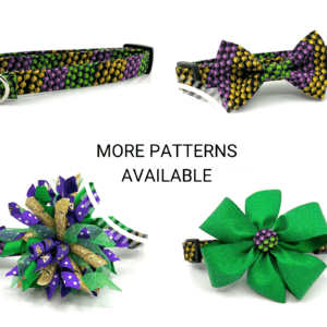 A collection of mardi gras themed dog collars and bows.