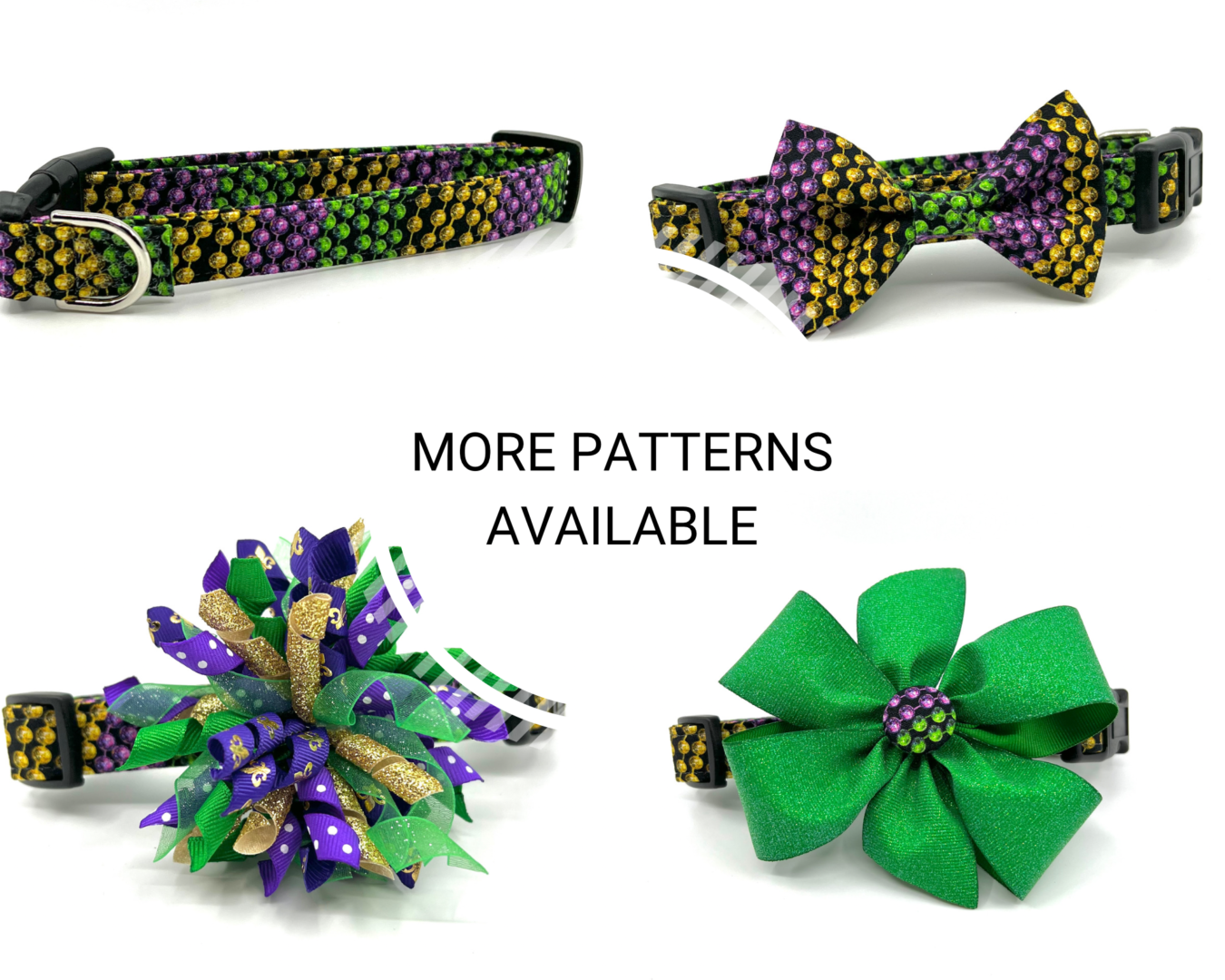A collection of mardi gras themed dog collars and bows.