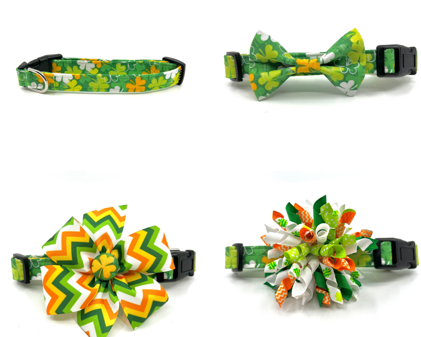 A collection of four different colored bows and ties.