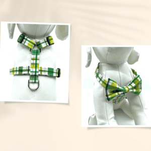 A green and white plaid dog harness with bow tie.