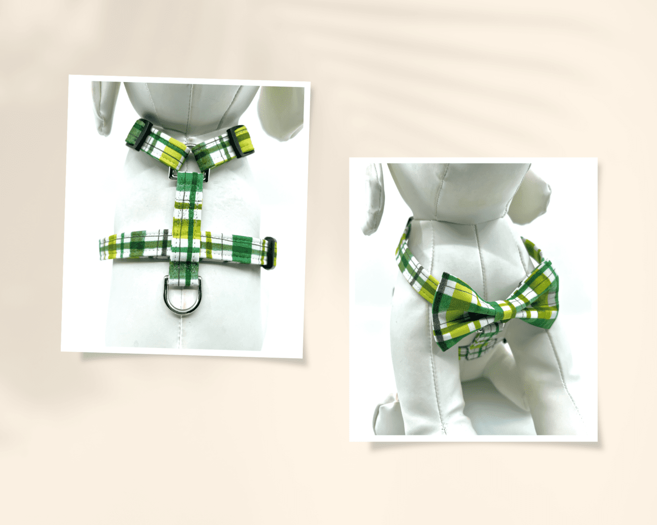 A green and white plaid dog harness with bow tie.