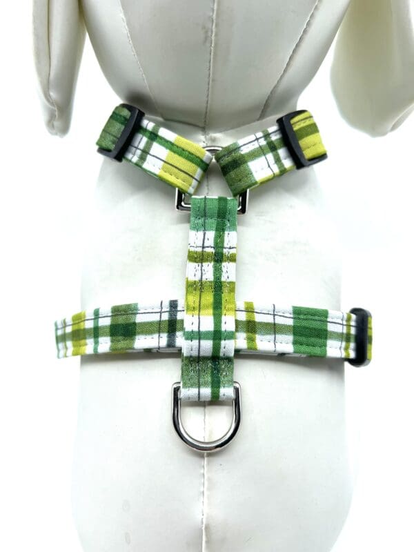 A dog harness with two different colored straps.