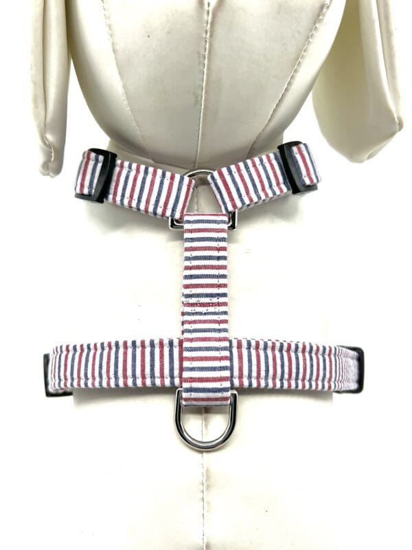 A harness with a red, white and blue stripe pattern.