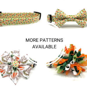 A variety of dog collars with bows and bow ties.