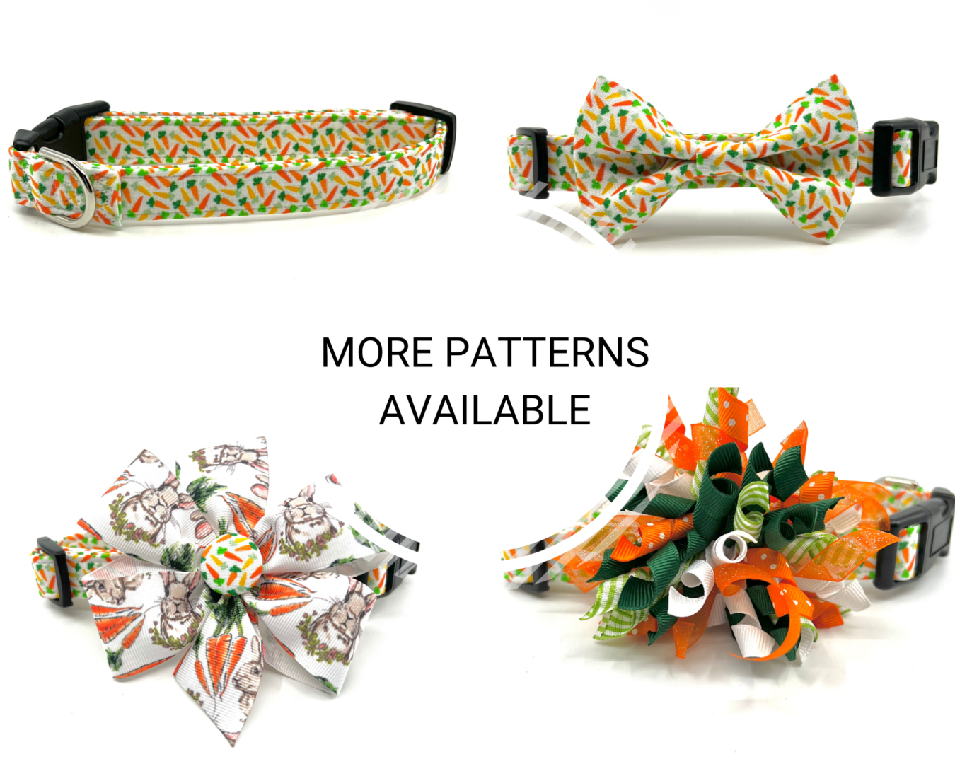 A variety of dog collars with bows and bow ties.