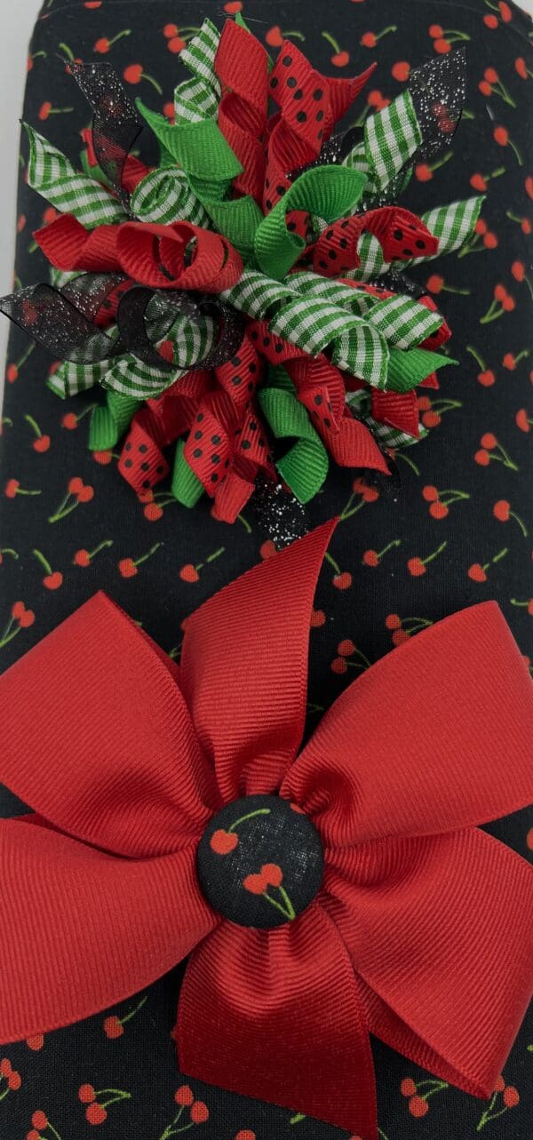 A close up of the bow on a gift bag