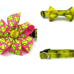 Softball dog collars with bows and bow ties.