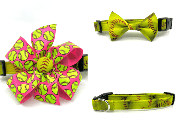 Softball dog collars with bows and bow ties.