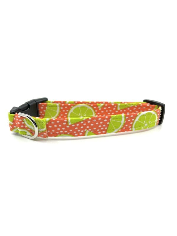 A dog collar with lime slices on it.