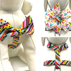 A bow tie and a neck tie are all different colors.