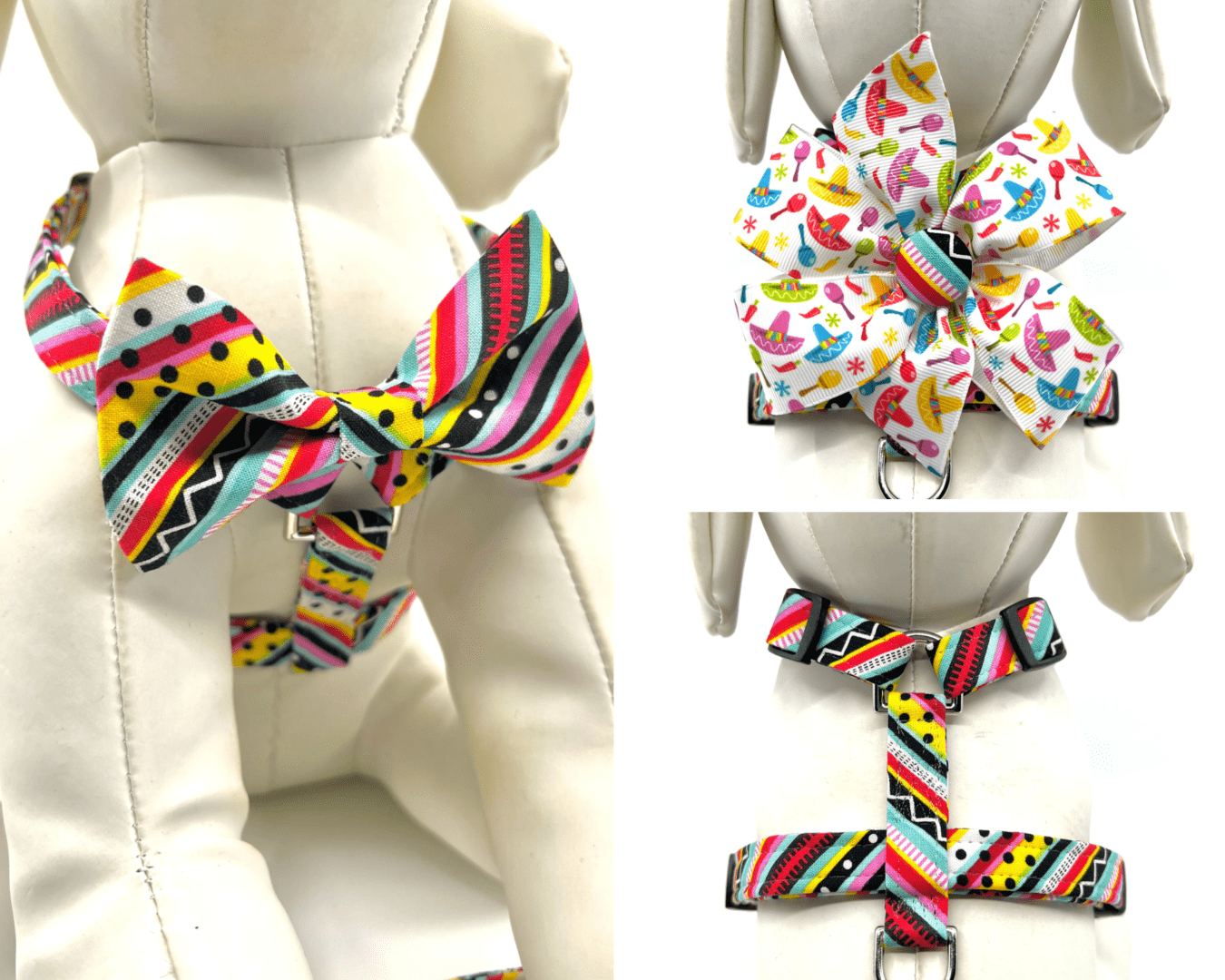 A bow tie and a neck tie are all different colors.