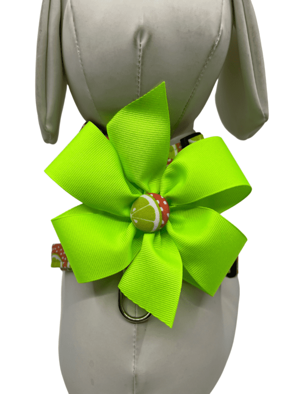 A woman wearing a lime green flower belt.