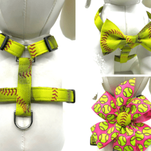 A dog harness, bow tie and collar set with softball design.