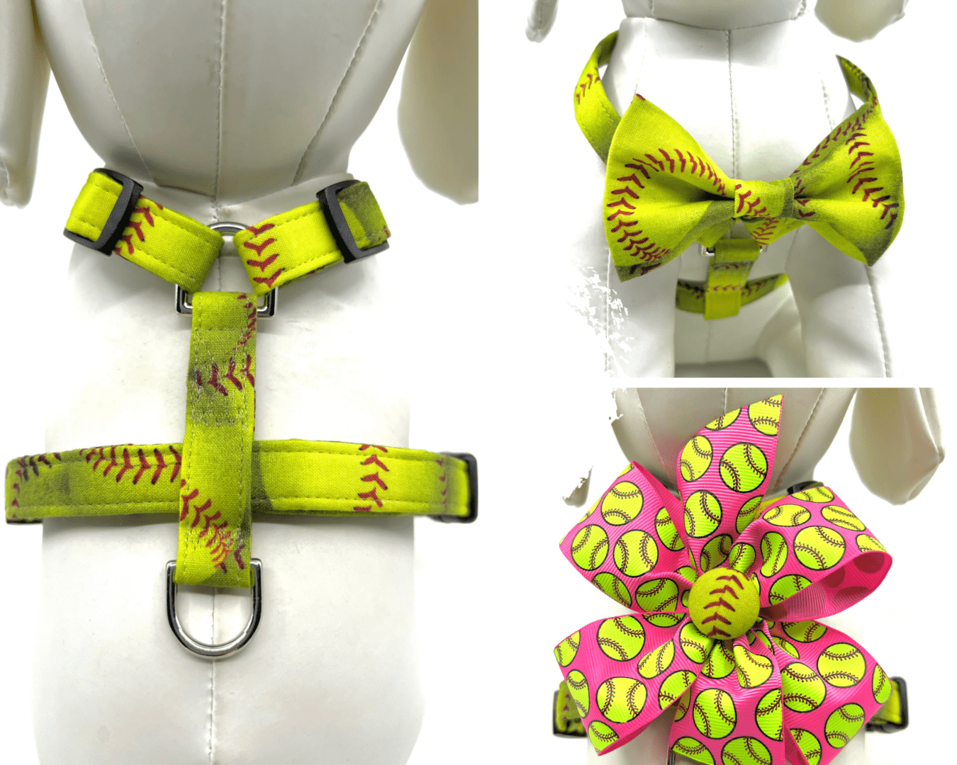 A dog harness, bow tie and collar set with softball design.