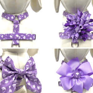 Four pictures of a purple dog harness with a bow on it.