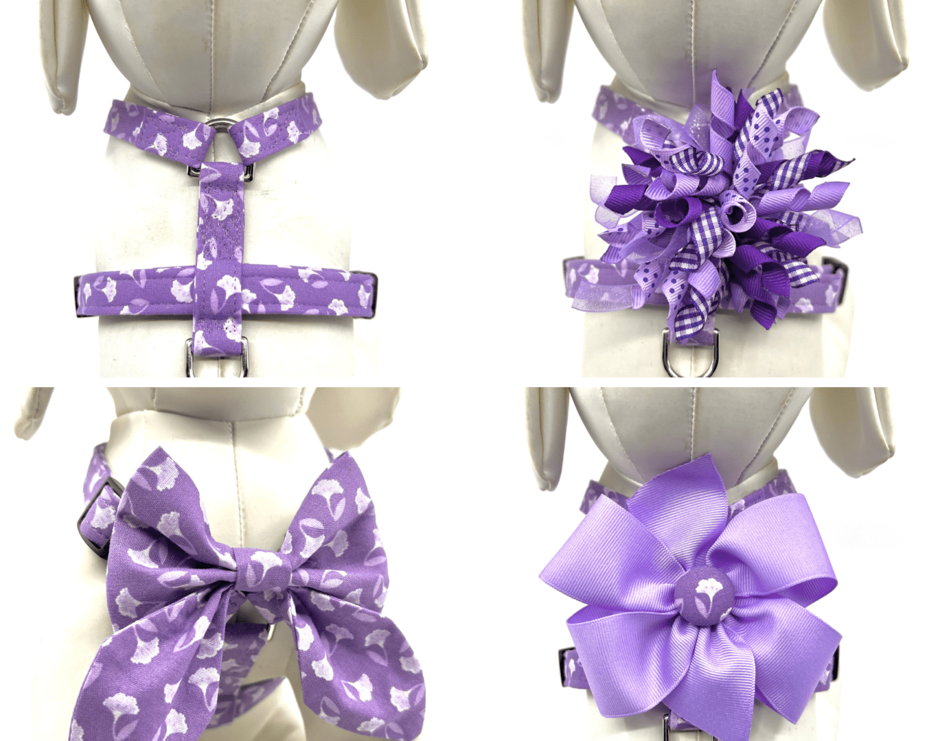 Four pictures of a purple dog harness with a bow on it.