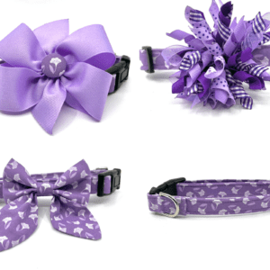 A purple bow tie, collar and leash set.