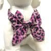 A pink and black bow tie on top of a white dog.