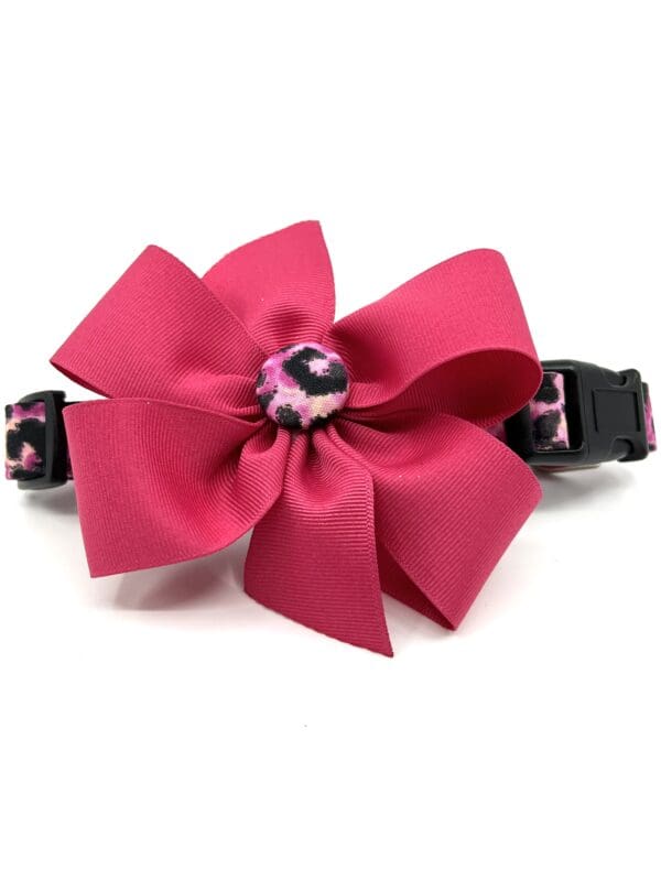A pink cat collar with a pink bow.