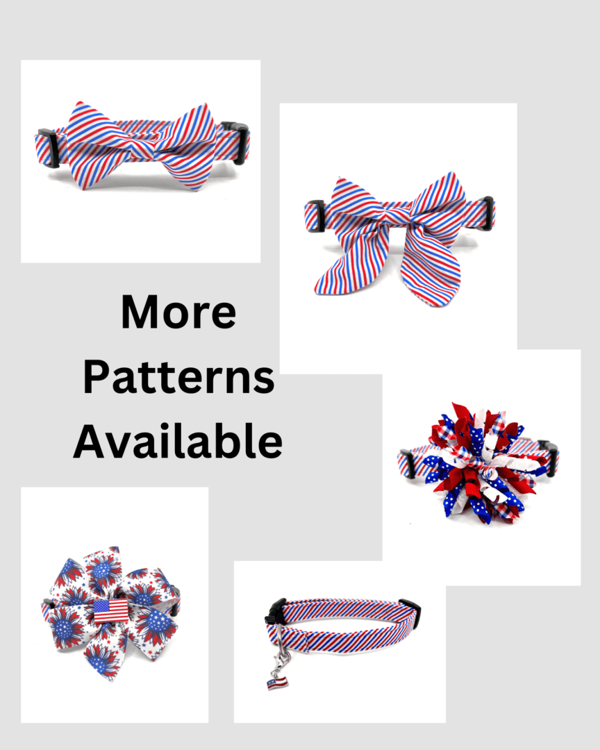 A collection of patriotic dog collars and bows.
