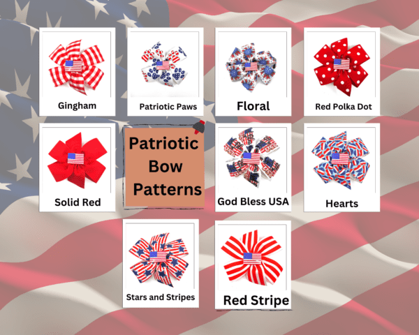 A bunch of patriotic bows are in front of the american flag.