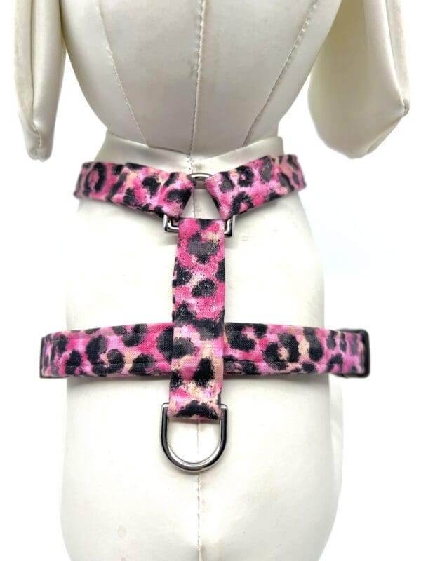 A pink leopard print harness with a white shirt