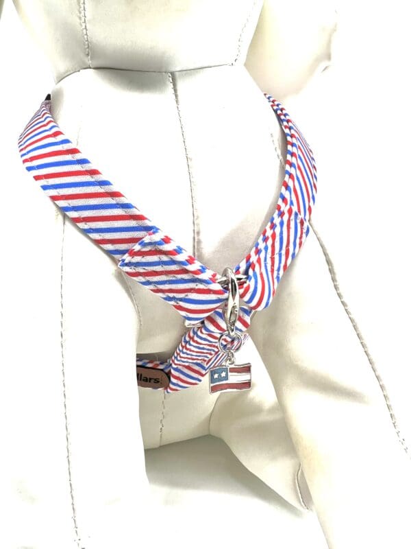 A white jacket with red, blue and white striped tie.