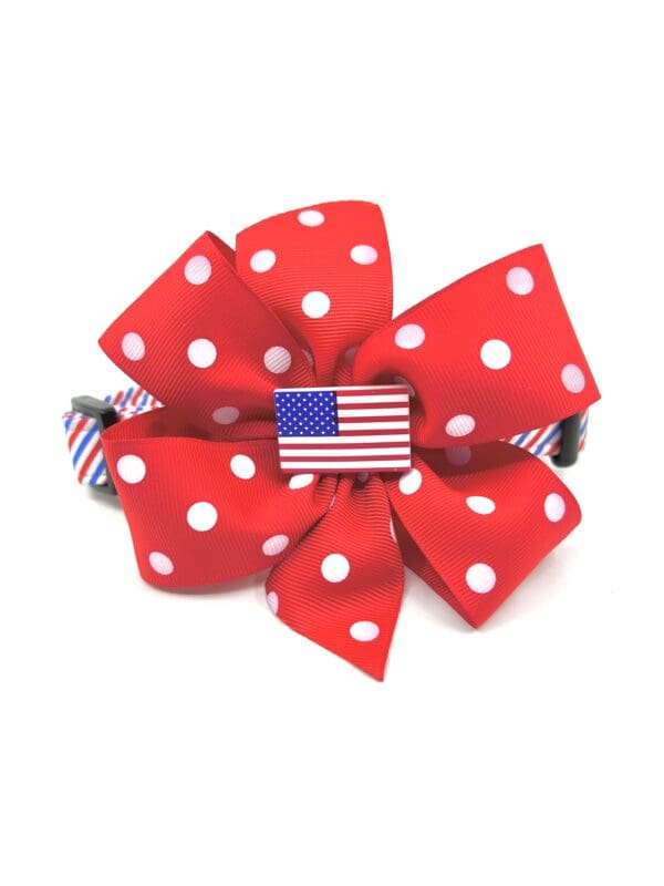 A red bow with white dots and an american flag.