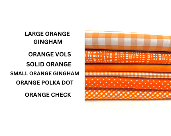 A stack of orange fabric swatches with different patterns.