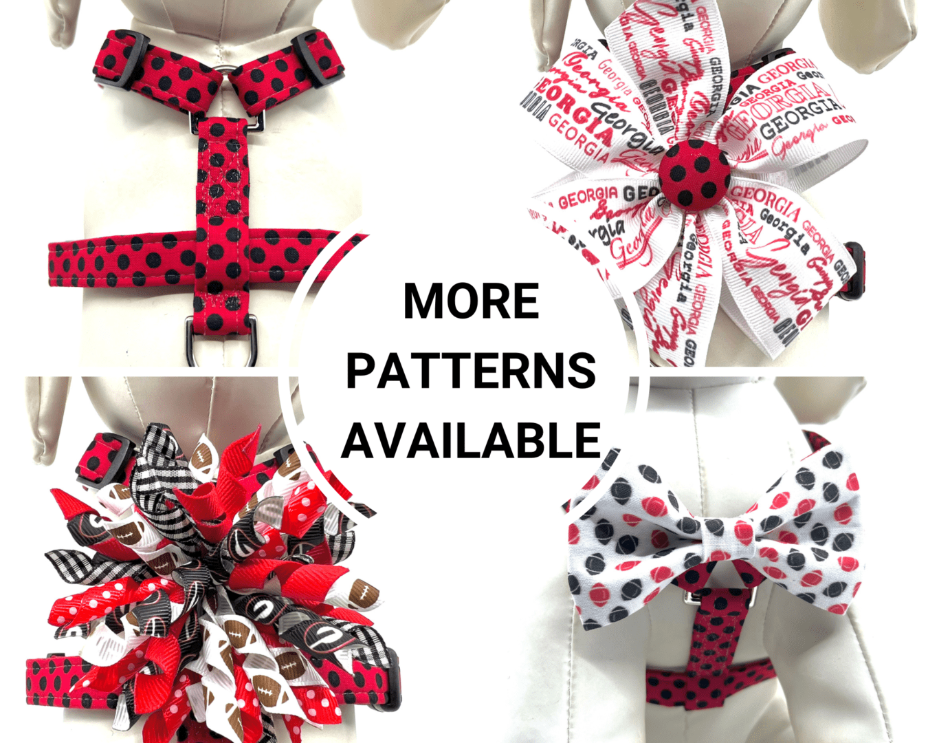 A variety of patterns for dog collars and harnesses.