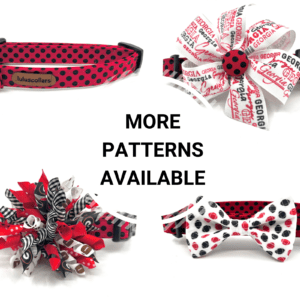 A variety of dog collars and bows are available.