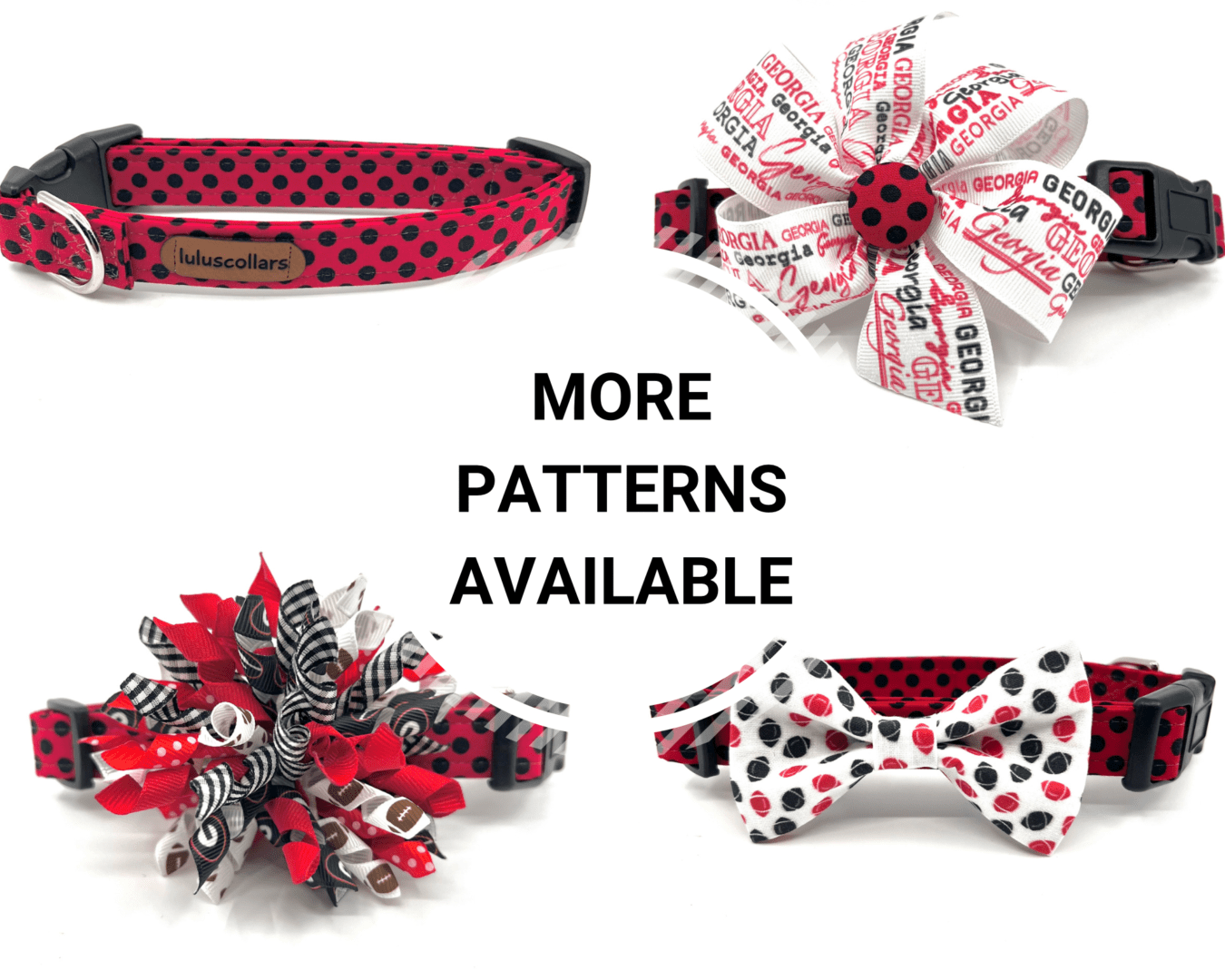 A variety of dog collars and bows are available.