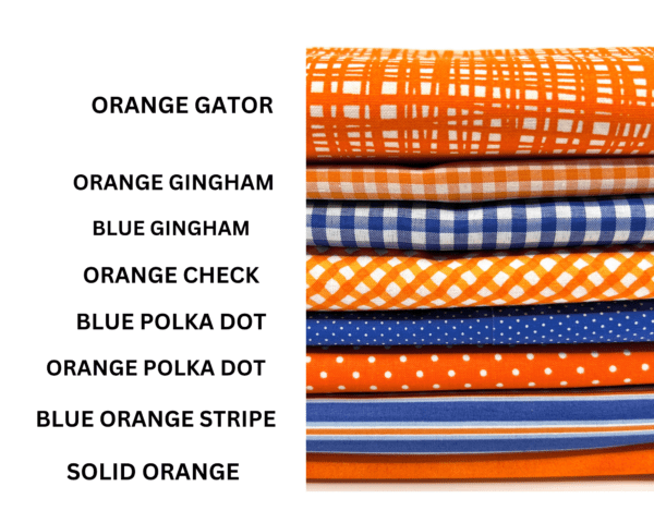 A group of orange fabric swatches with different patterns.