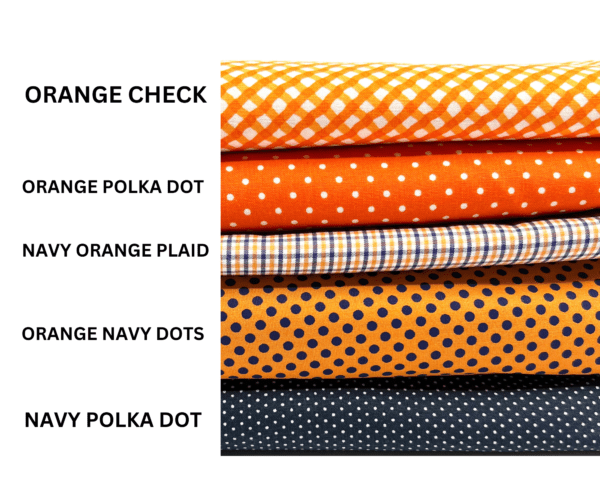 A stack of orange polka dot fabric with different patterns.