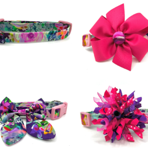 A collection of colorful dog collars and bows.