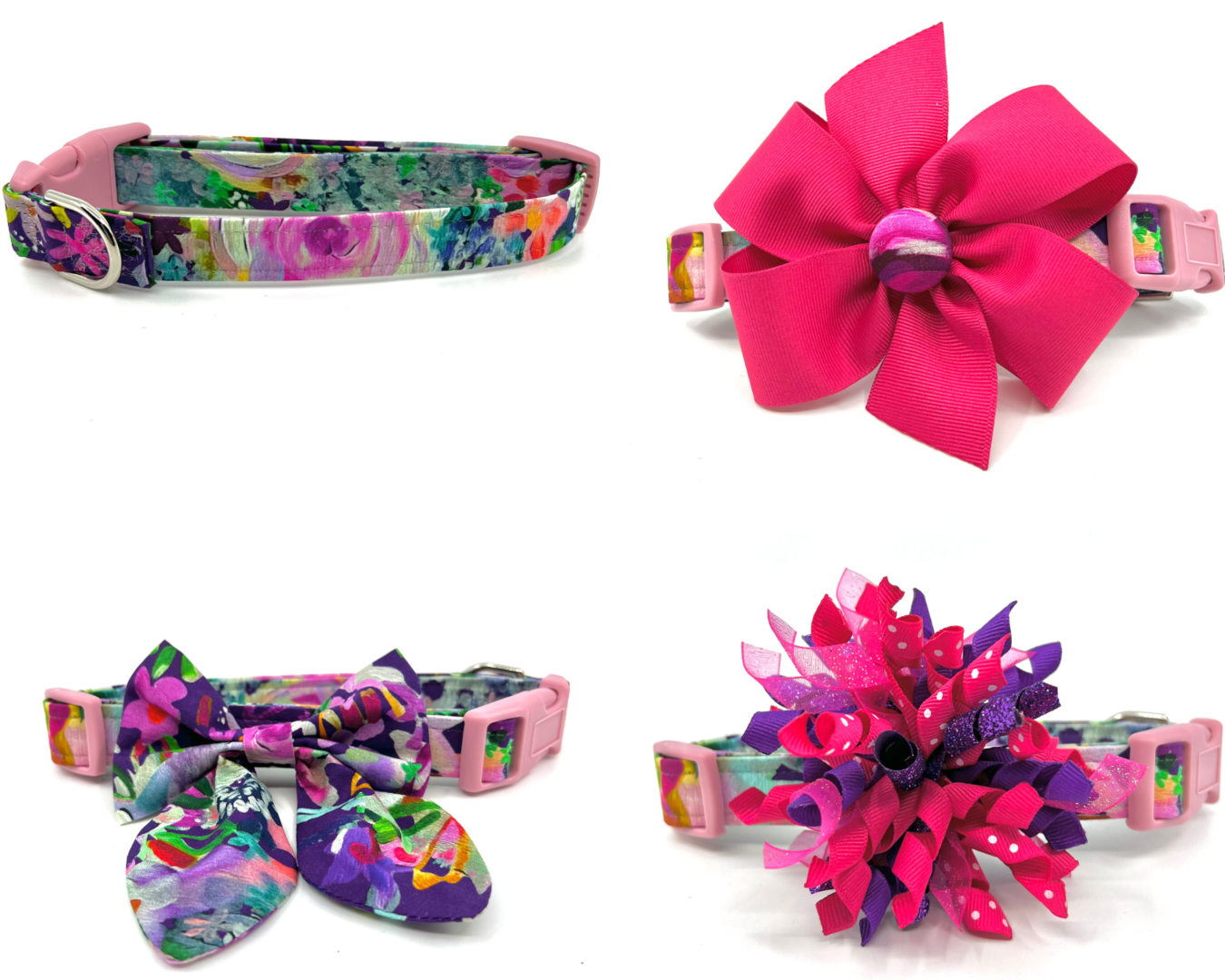 A collection of colorful dog collars and bows.