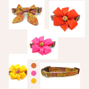 A collection of dog collars and bows.