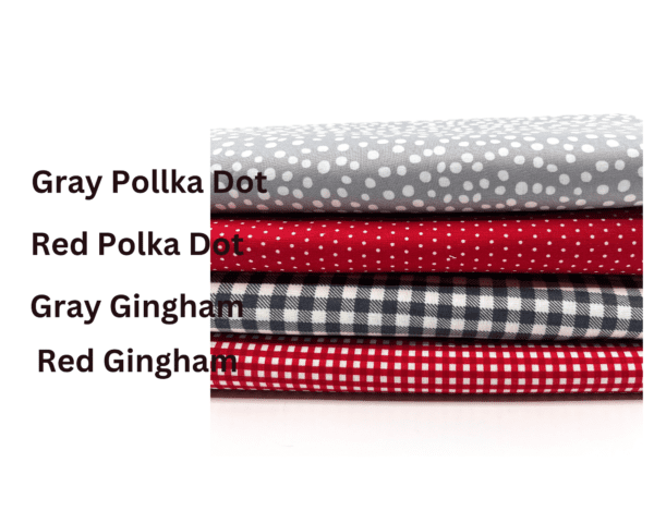 A group of polka dot and gingham fabrics.