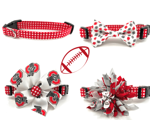 A collection of ohio state buckeyes dog collars and bows.