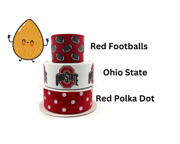 A stack of three different colored red football and ohio state themed items.