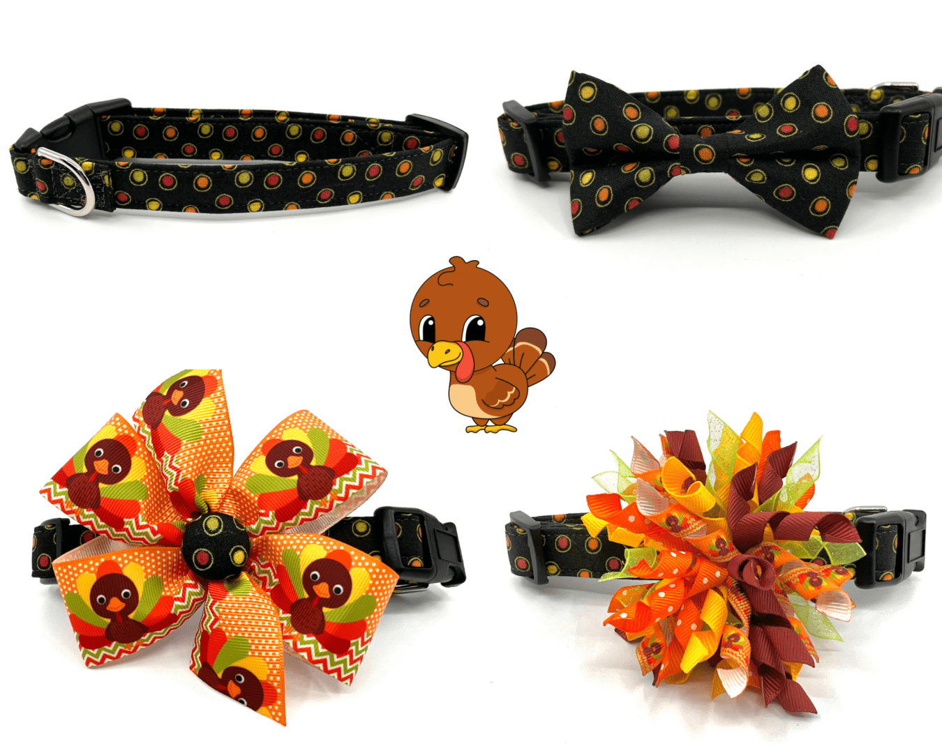 A turkey themed bow tie and collar set.