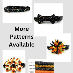 A collection of dog collars and bows with the text more patterns available.