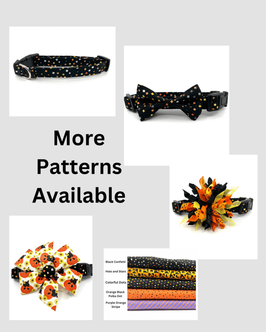 A collection of dog collars and bows with the text more patterns available.