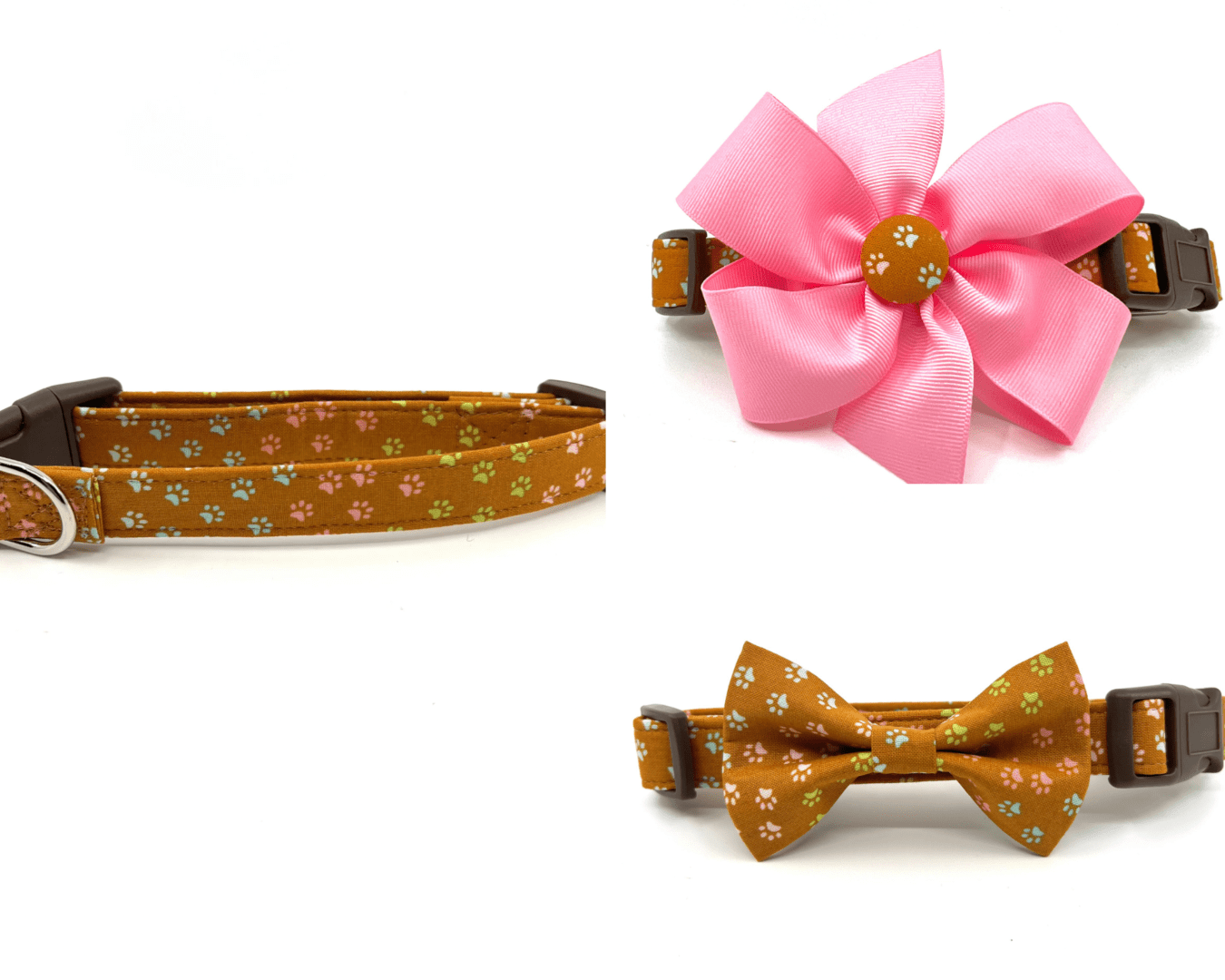 A pair of brown and pink bow ties next to each other.