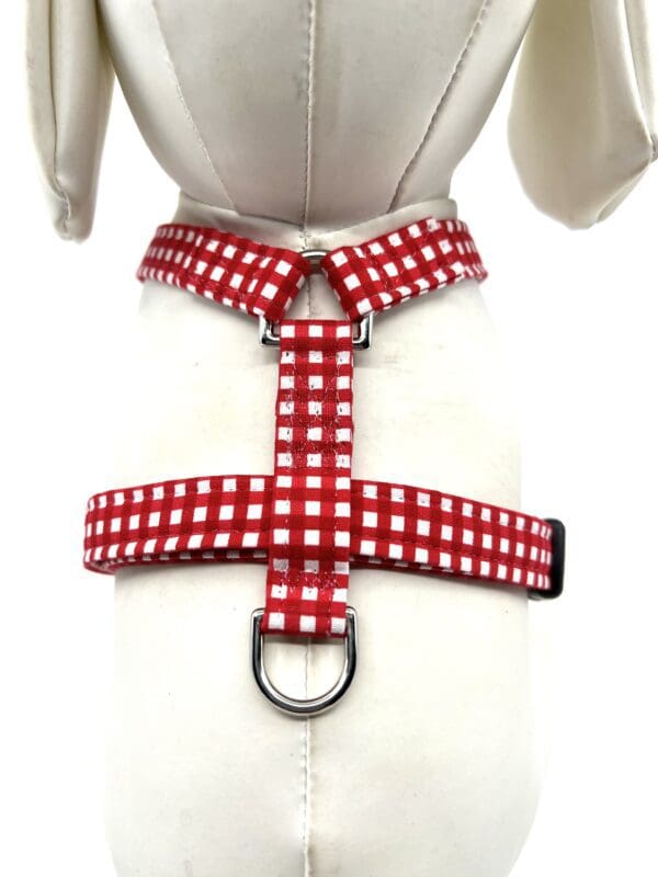 A red and white checkered harness on top of a dress.