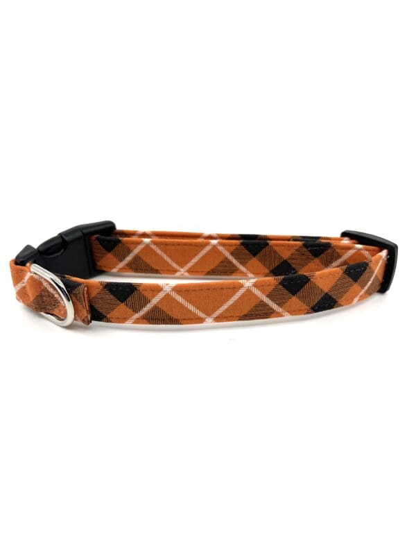 A dog collar that is orange and black.