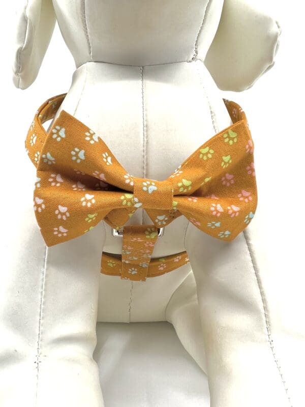 A bow tie that is sitting on top of a white dog.