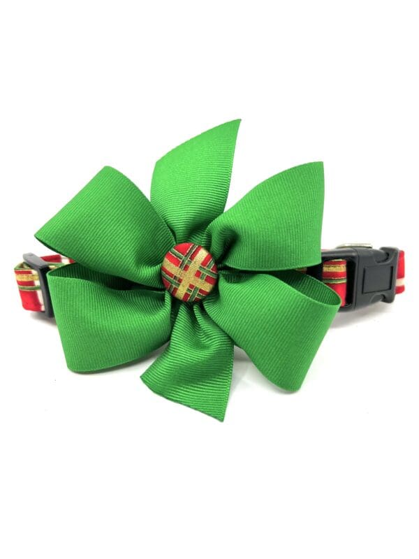 A green dog collar with a plaid bow on it.